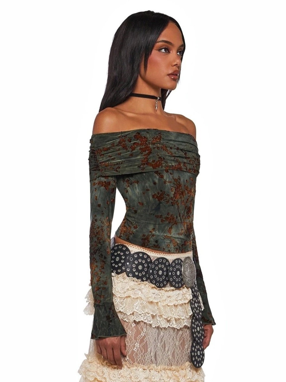 Current Mood Unrivaled Charm Off The Shoulder Top Green & Brown